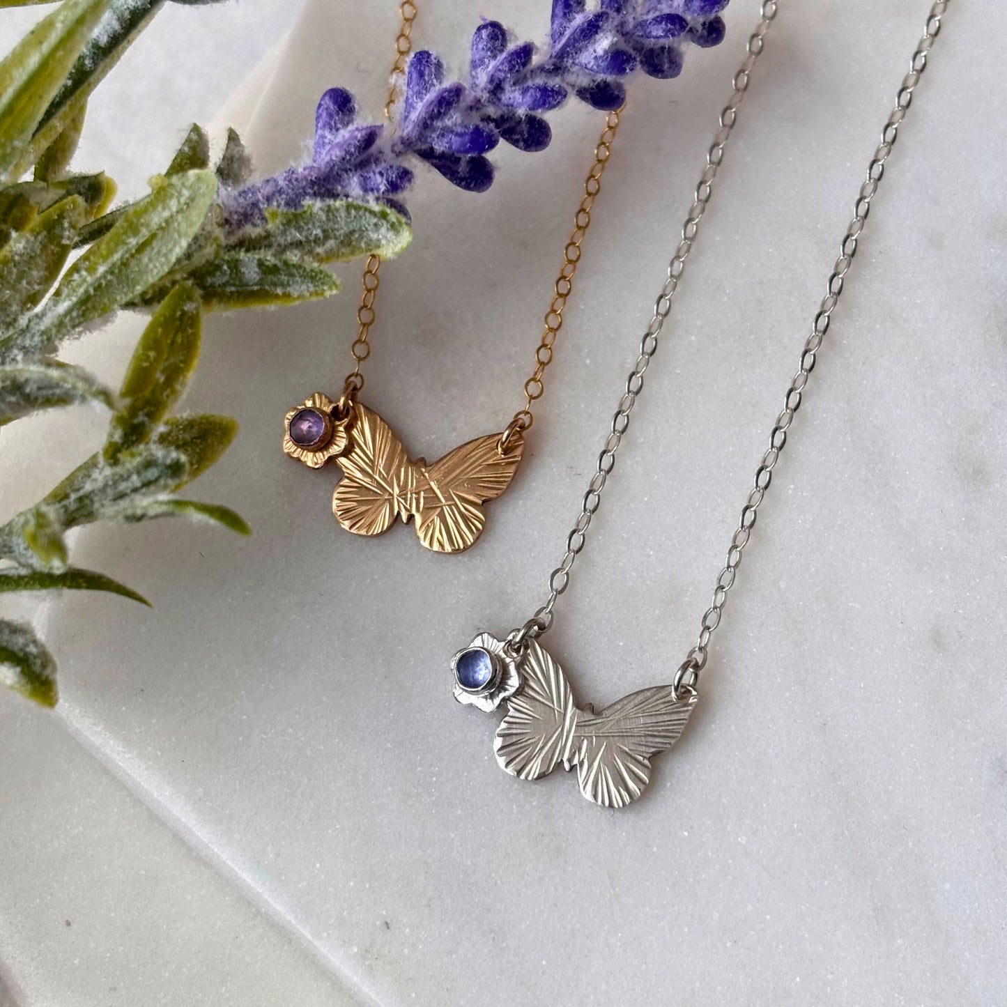 Butterfly & Flower Necklace - 14k Gold-Fill or Sterling Silver