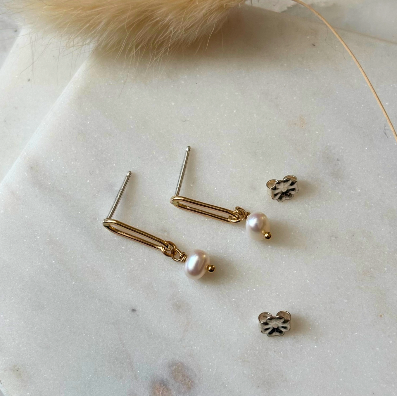 OOAK Elongated Oval Drop Earrings - White Pearl