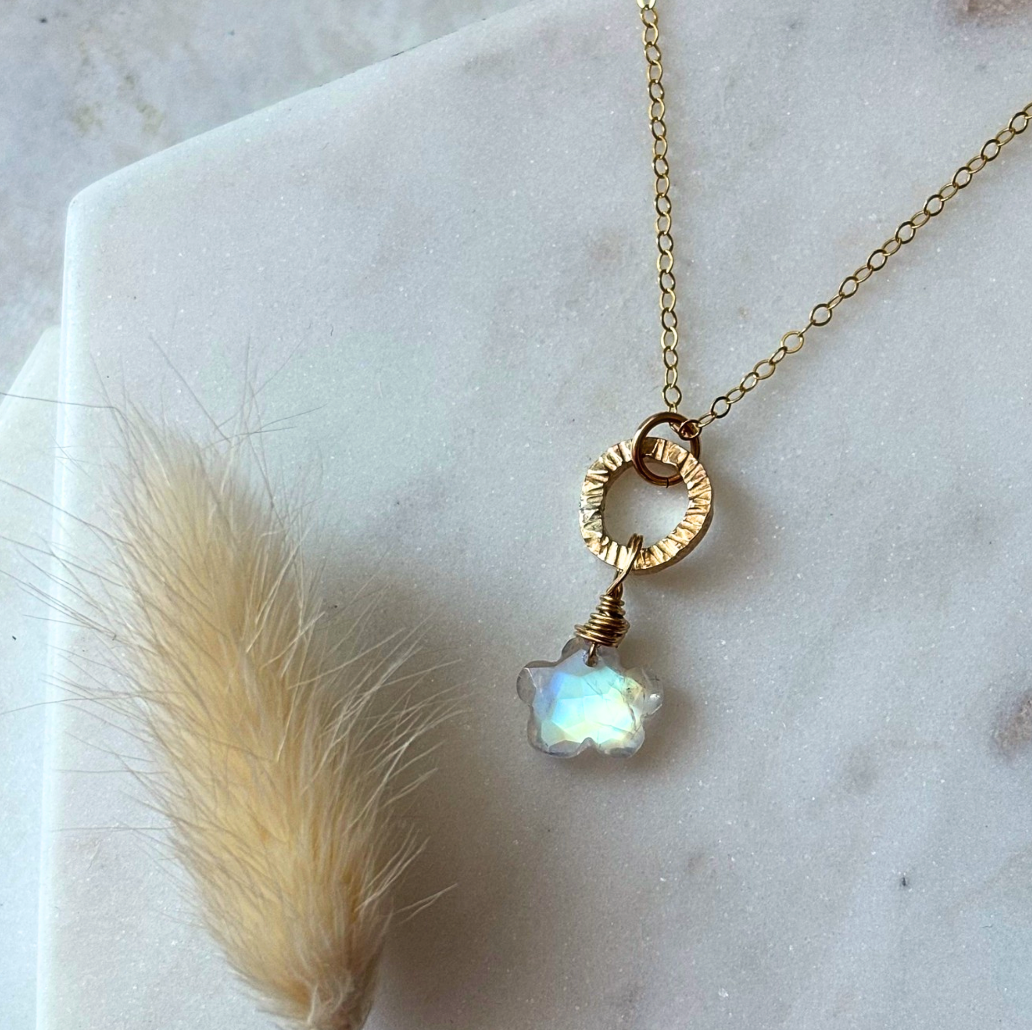 OOAK Rainbow Moonstone Cloud + Circle Necklace