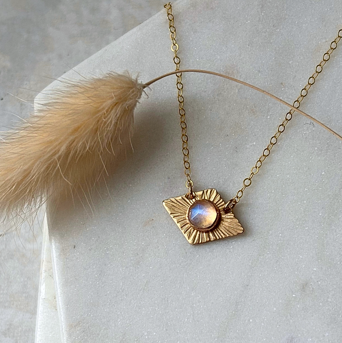 OOAK Rainbow Moonstone Horizontal Diamond Necklace