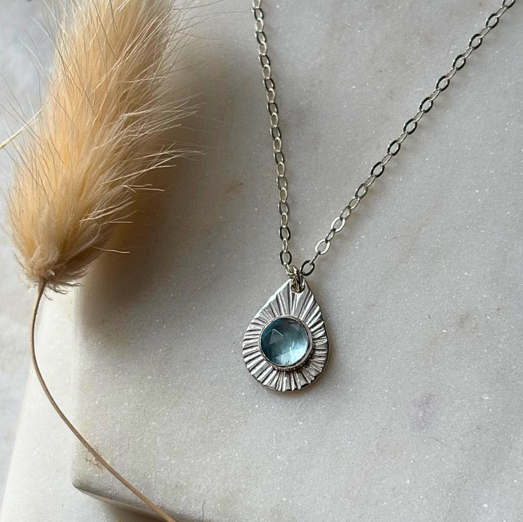 OOAK Swiss Blue Topaz Teardrop Pendant Necklace