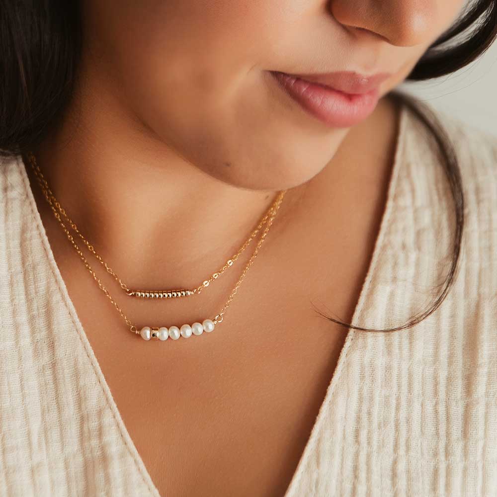 strut jewelry comfort collection 14k gold fill petite bead bar necklace and 14k gold bead pearl bar necklace