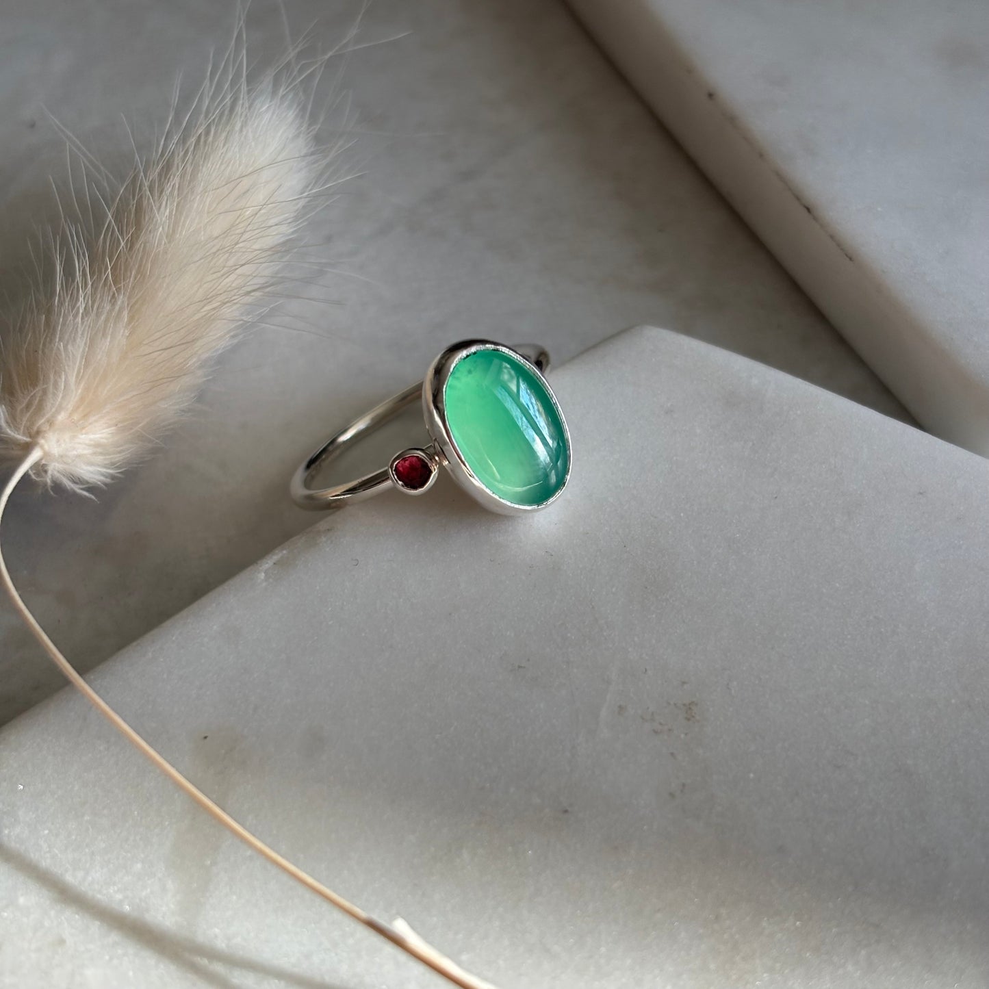 Smooth Chrysoprase + Pink Tourmaline Ring - Size 9.5