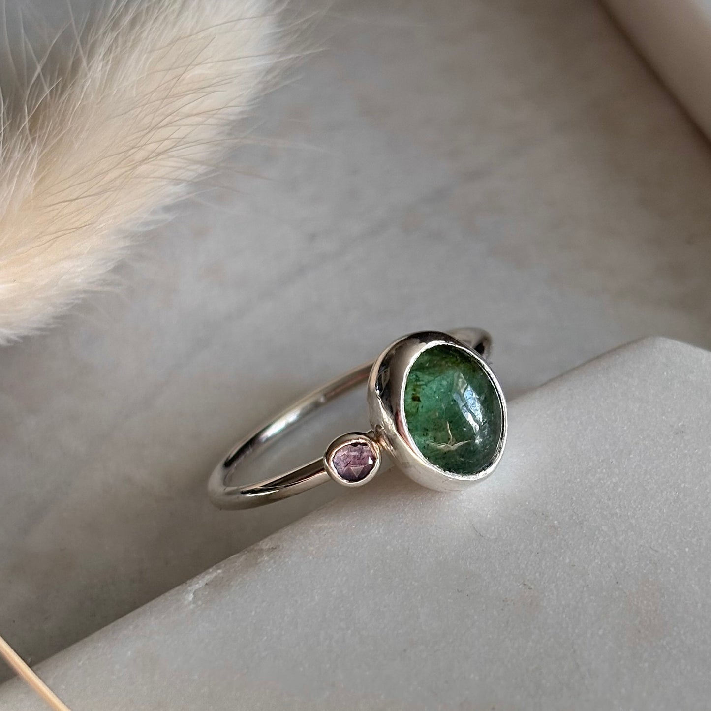 Smooth Emerald + Tanzanite Ring - Size 8.5