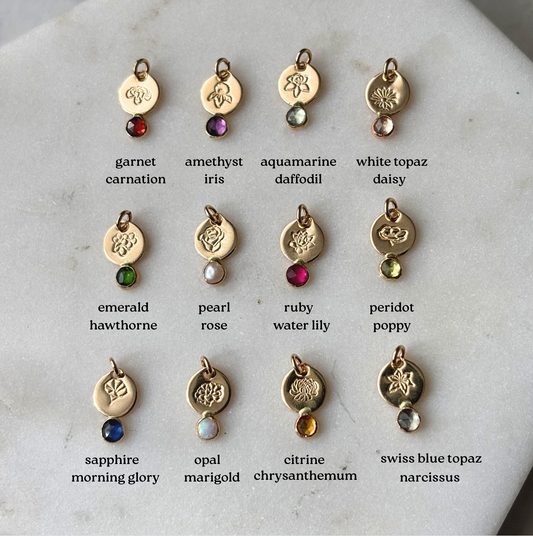 Collection of gold charms with gemstones and corresponding birthstone names on a marble surface