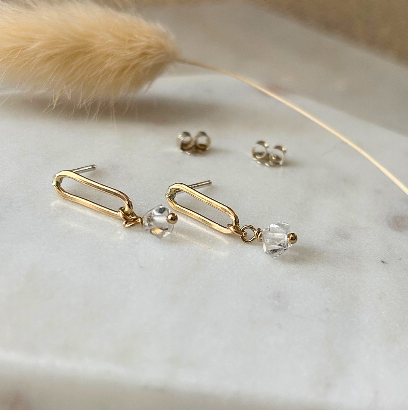 OOAK Elongated Oval Drop Earrings - Herkimer Diamond