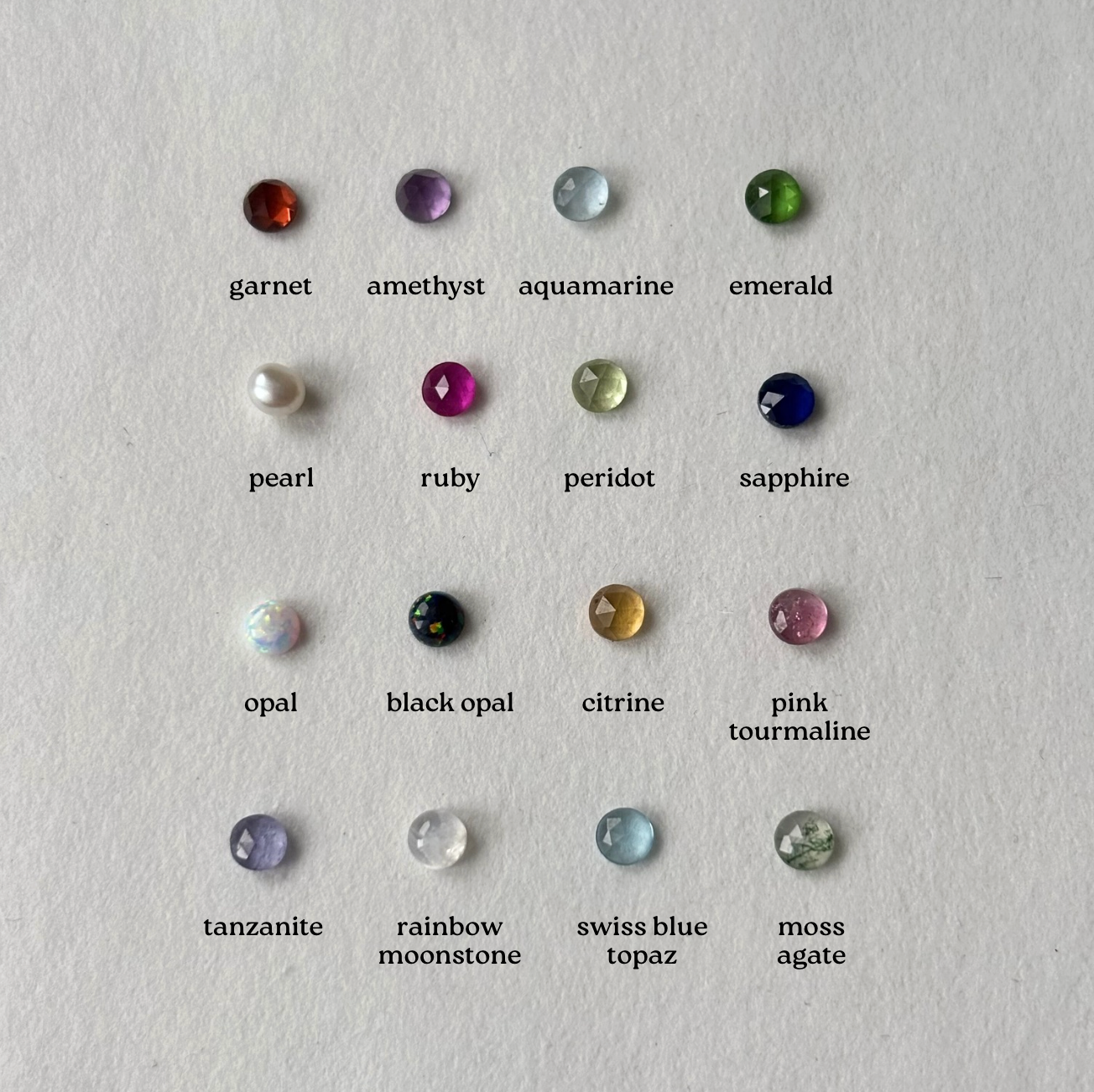 Collection of various gemstones on a light gray background with labels.