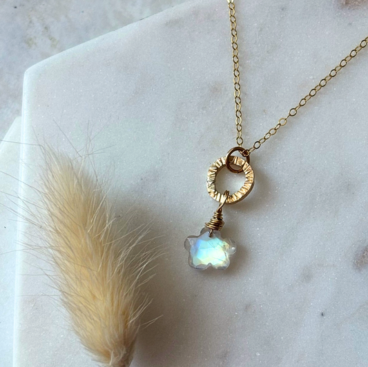 OOAK Rainbow Moonstone Cloud + Circle Necklace