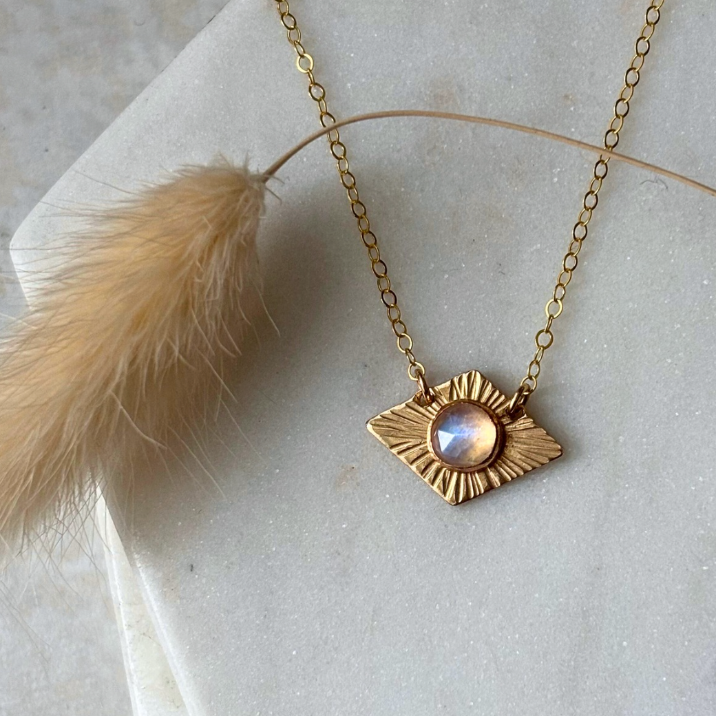 OOAK Rainbow Moonstone Horizontal Diamond Necklace