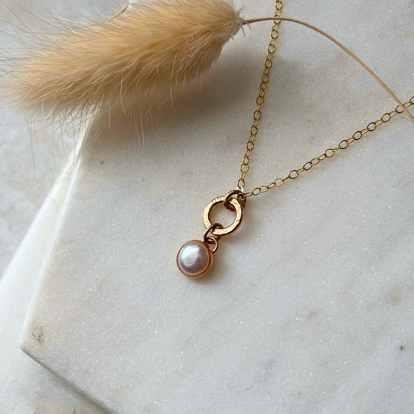 OOAK Bezel-Set Pearl + Circle Necklace