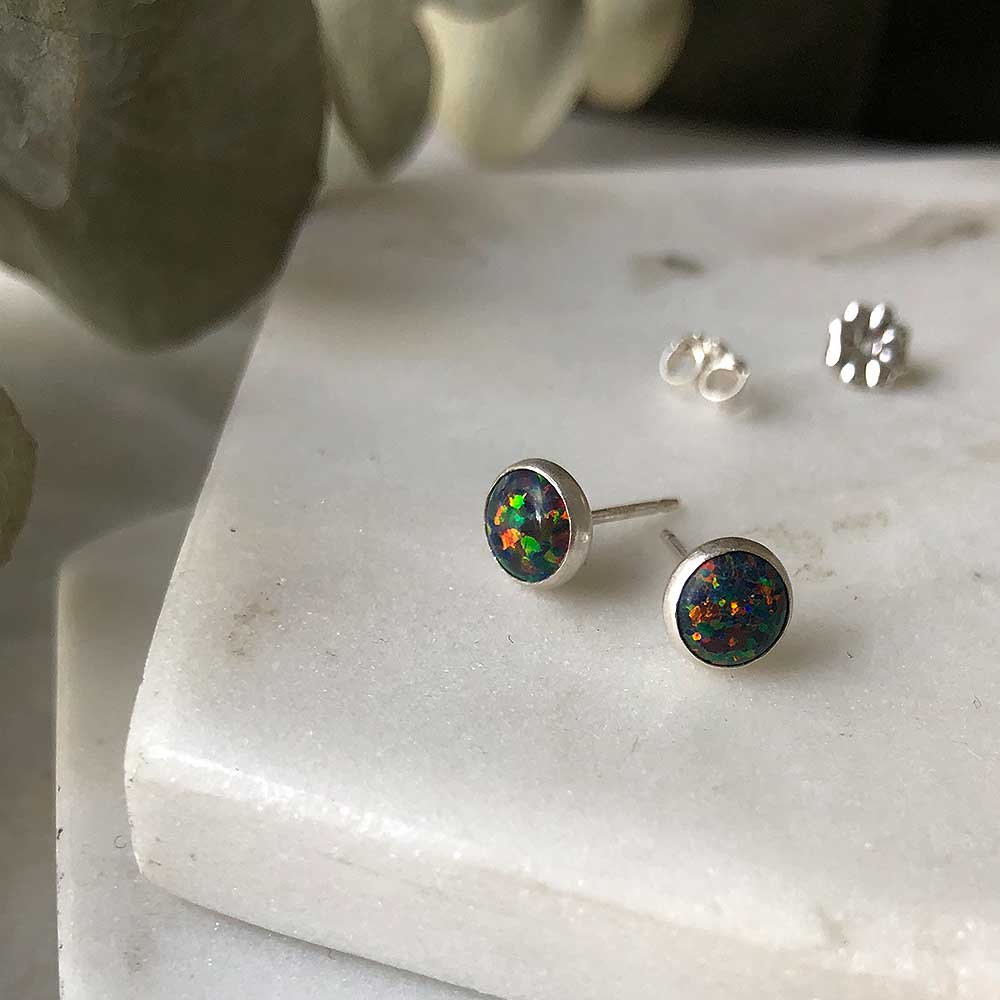 Gemstone Stud Earrings - Black Opal