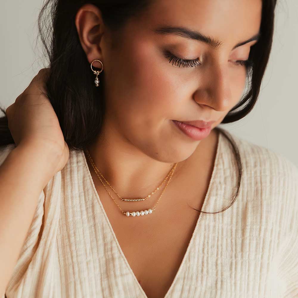 strut jewelry comfort collection 14k gold fill petite bead bar necklace and 14k gold bead pearl bar necklace
