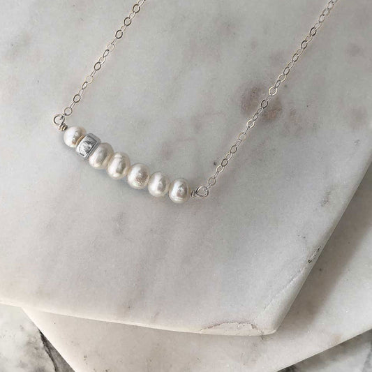 strut jewelry comfort collection white pearl + silver bead bar necklace