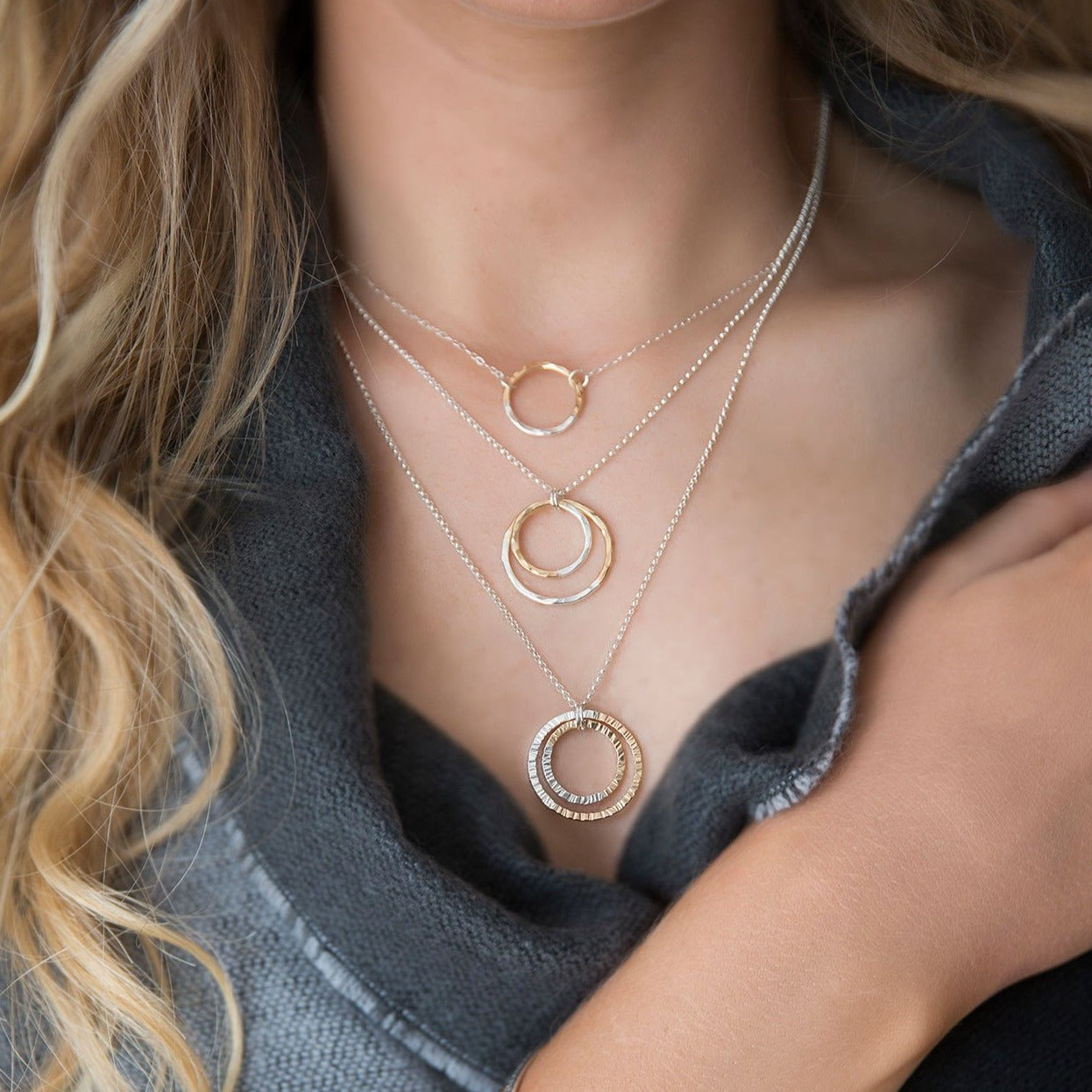 strut jewelry gold fill silver fusion hammered double circle necklace