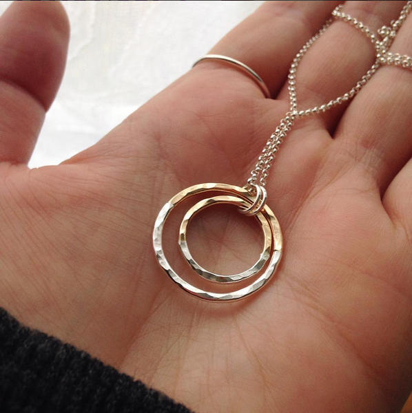 strut jewelry gold fill silver fusion hammered double circle necklace