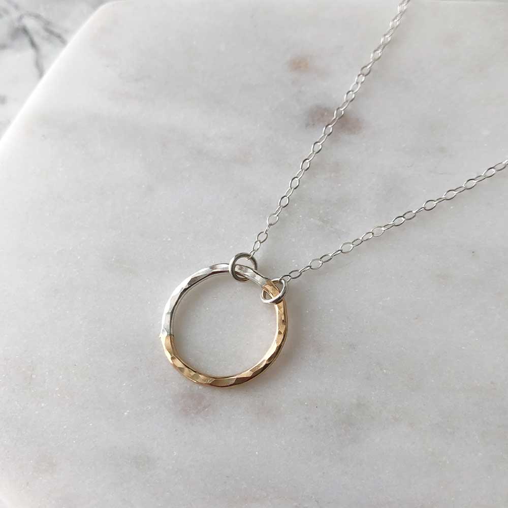 strut jewelry gold fill silver fusion hammered circle necklace