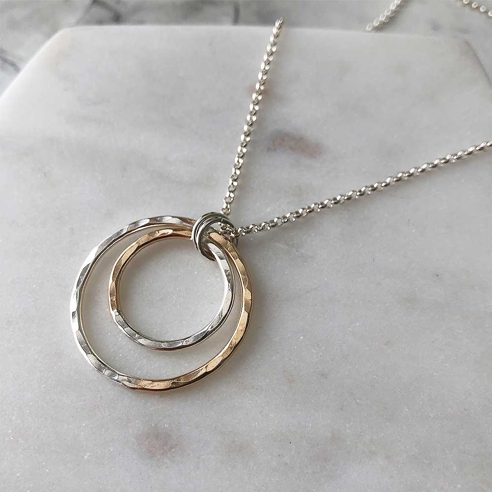 strut jewelry gold fill silver fusion hammered double circle necklace