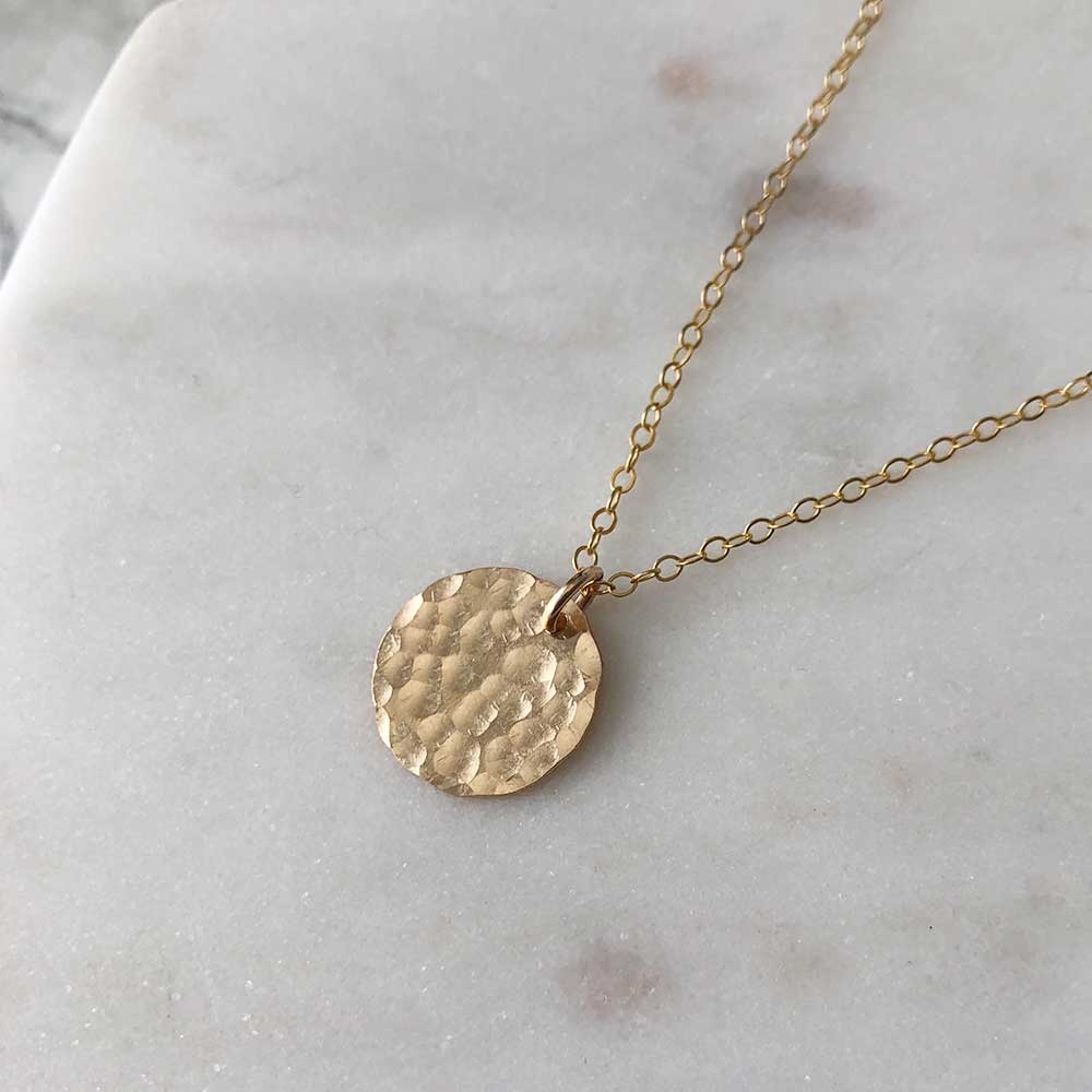 strut jewelry small hammered medallion pendant necklace 14k gold fill