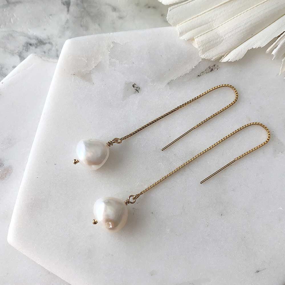 strut jewelry pearl threader earrings 14k gold fill