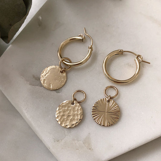 strut jewelry textured medallion hoop charms 14k gold fill